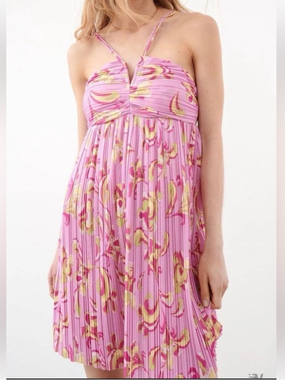 Zara pleated V neck mini dress